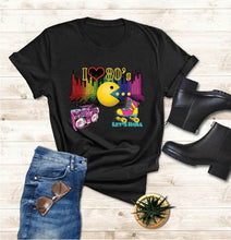 Load image into Gallery viewer, I love the 80s Let's Roll Theme Shirt with Boom box - Roller skates - Pacman design - Shirt
