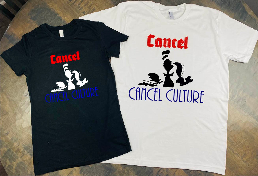 Cancel Cancel Culture shirt with Speedy Gonzalez, Dr. Seuss' Cat in the hat, and Pepe le pew silhouette