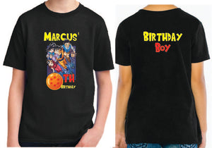 Birthday Celebration - Dragon Ball Family Theme - Dragon Ball with age number of stars - Goku - Gohan - Goten - Chichi - Front and back design -  Onesie - Shirts - customizable personalized