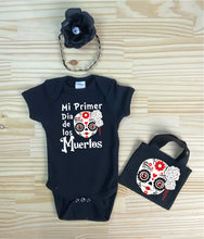 Load image into Gallery viewer, Day of the Dead - Dia de los Muertos - Glow in the Dark 1st Halloween Set Baby Style - Includes onsie and matching mini tote baggy  sale