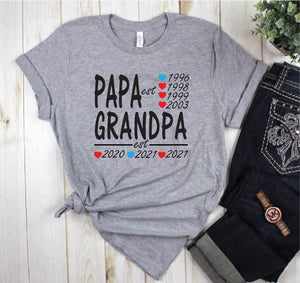 Mom / Papa and Grandma / Grandpa EST Custom Years shirt - Personalized years of being a Mom and Grandma Heart color Red Girl, Blue Boy