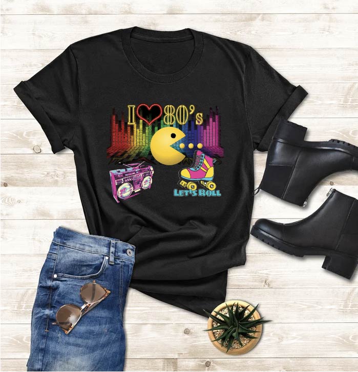 I love the 80s Let's Roll Theme Shirt with Boom box - Roller skates - Pacman design - Shirt