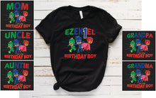 Load image into Gallery viewer, Celebrate Family Theme personalized Birthday PJ Masks Shirts - T-shirts - Onesies -