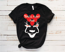 Load image into Gallery viewer, You&#39;ll Float Too - Glow in the Dark IT silhouette with Red balloons tee - Halloween Time - Scary sale