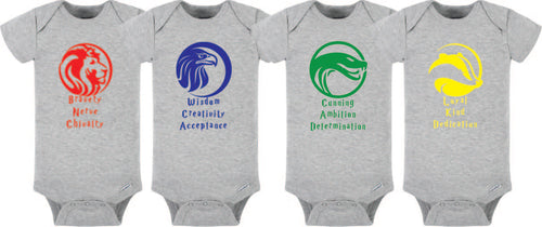 4 pack - House sorting inspired Onesies - shirts - SET Lion, Eagle, Badger, Serpent with Characteristics - Harry Potter Fan - Potterhead - Potterhead Parents Theme sale