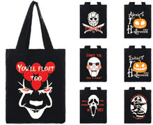 Load image into Gallery viewer, Glow-in-the-dark Halloween Candy totes. Pennwise, IT, Jason, Scream, Freddy, Jigsw, 1st Halloween Customizable - White is glow in the dark