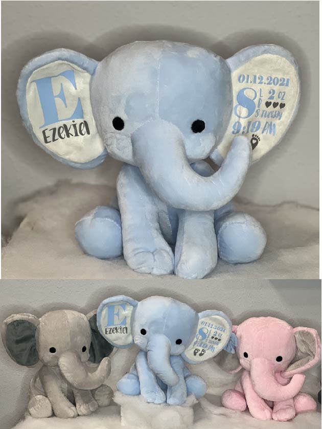 Stuffed Baby Elephant Memory Keepsake -  Birth Announcement, Baby - Newborn - Holiday Gift - Customizable